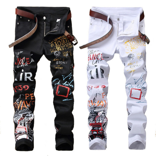 Men's Elastic Leisure Pants, Print Straight Leg Jeans, Street Fashion, Bulk Starting at 5601