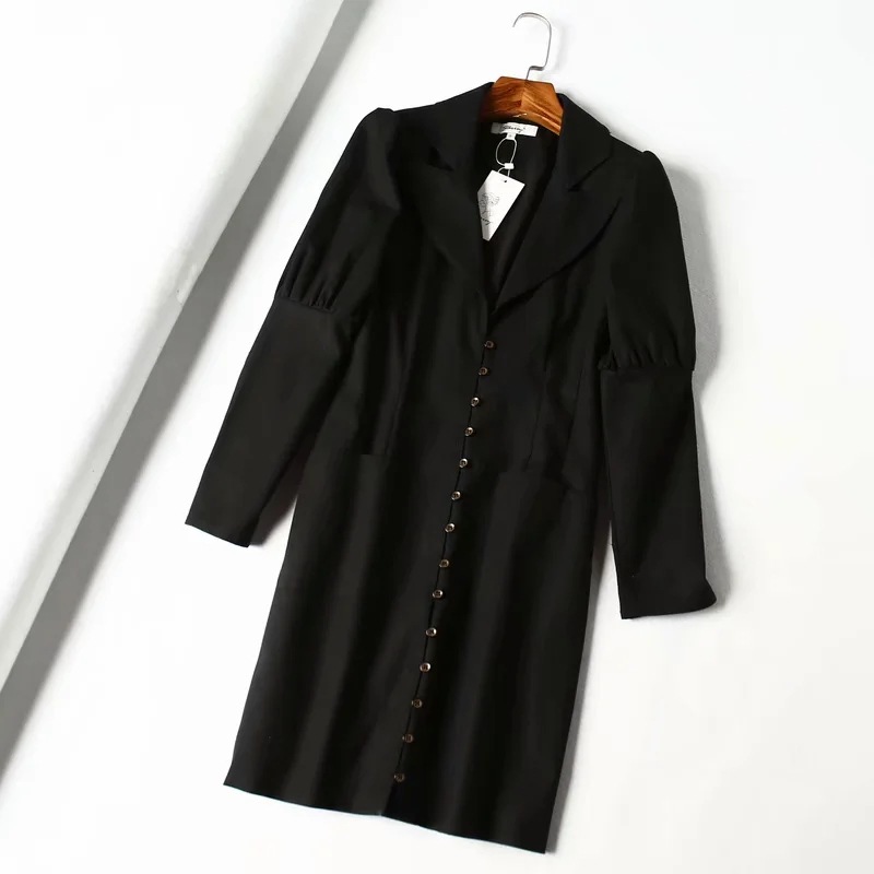 Wholesale Autumn Cotton Linen Retro Puff Sleeve Textured Buttoned Suit Dress NSAM3843