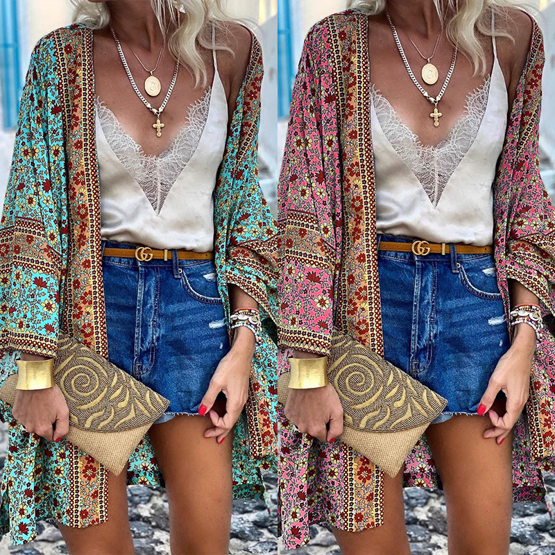 European and American cross-border women's clothing platform's early autumn new thin loose bohemian long-sleeved printed mid-length cardigan