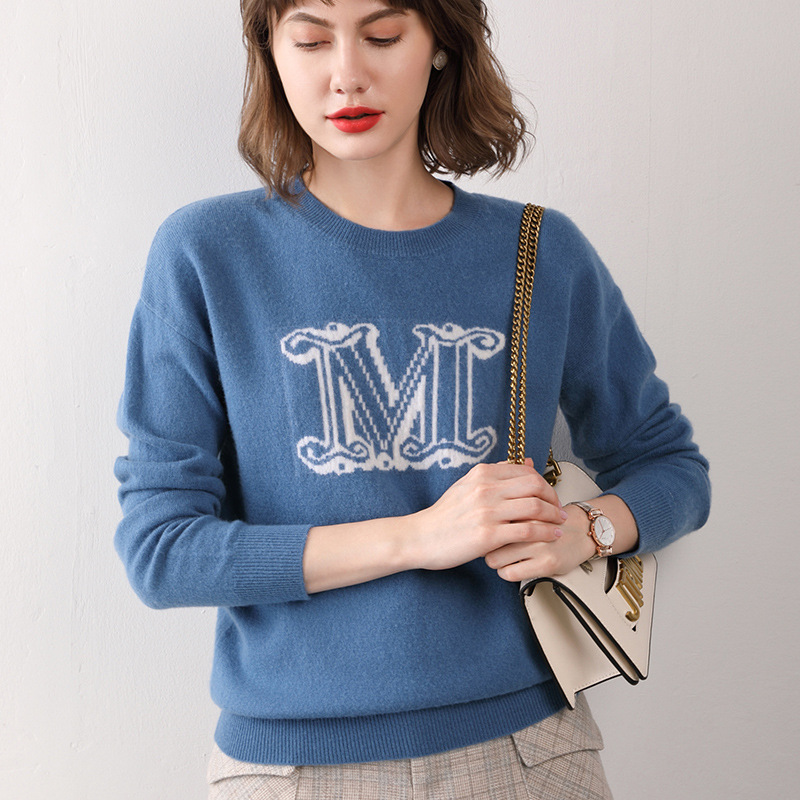 秋冬圆领字母提花纯羊毛衫女套头加厚毛衣短款打底长袖宽松针织衫|ms