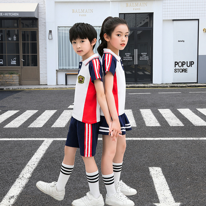 Summer new school uniform set for primary and secondary school students, unisex short-sleeve performance wear, college style children's class uniform, two-piece set