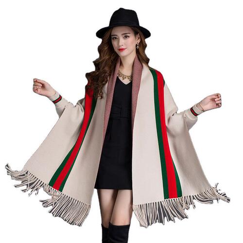 Autumn and winter new style tassel striped sleeved shawl cloak double-sided thickened coat women's bat sleeve knitted cardigan shawl