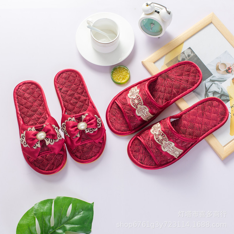 批發新款韓版布藝拖鞋男女家居室內地板牛筋底婚慶情侶拖鞋春秋季