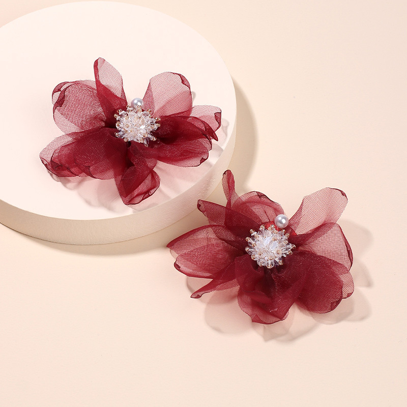 13g Weight Earrings, Ear Studs Classification Wedding, Travel Occasion Chiffon Material Flower Pattern Women'S Gender Red, Blue Color Fashion Fairy Chiffon Flower Earrings Netting Crystal Beads Flower Cloth Earrings For Women Wholesale Nihaojewelry 1