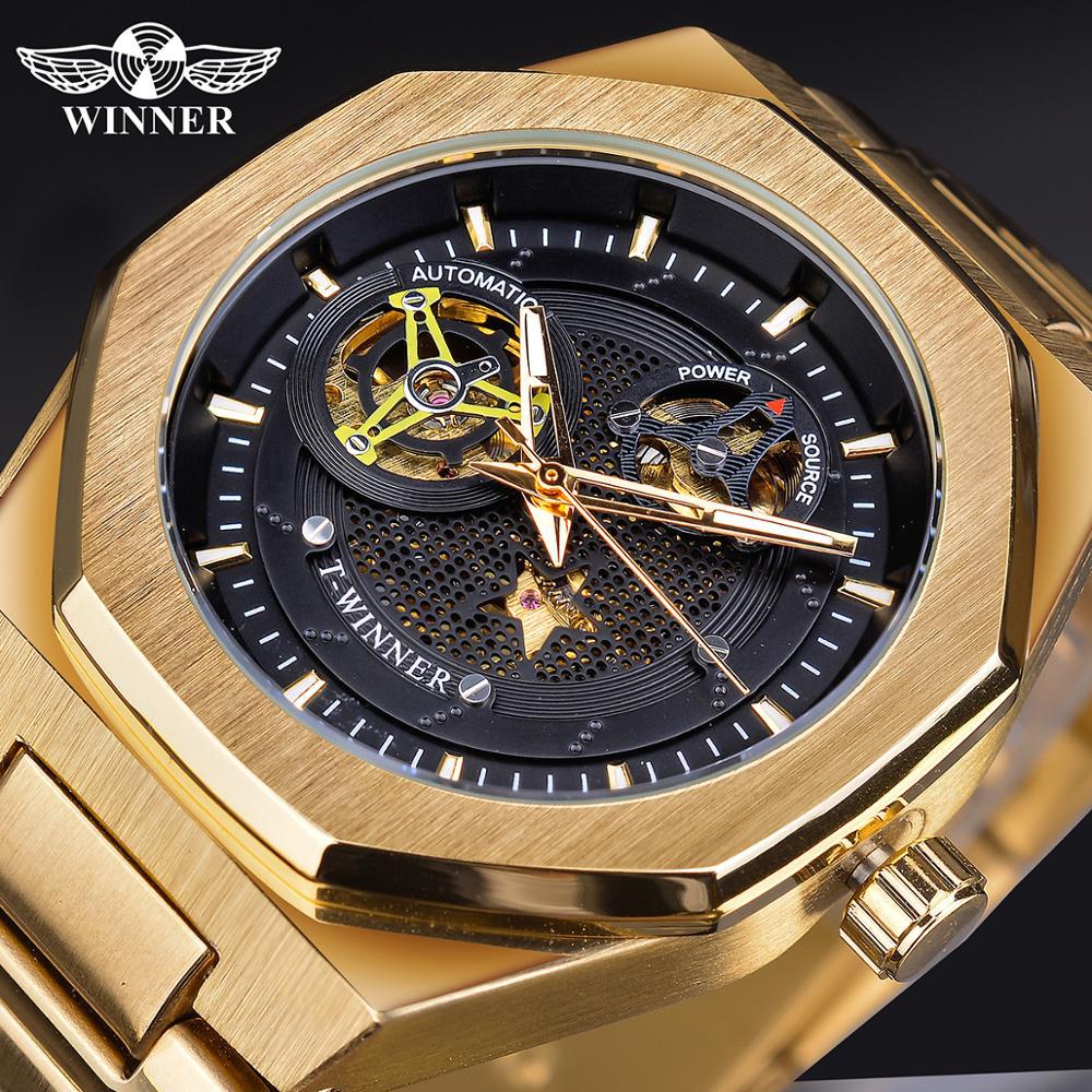 Nuevo ganador reloj mecánico automático octogonal de los hombres hueco de cinco puntas reloj mecánico correa de acero inferior transparente