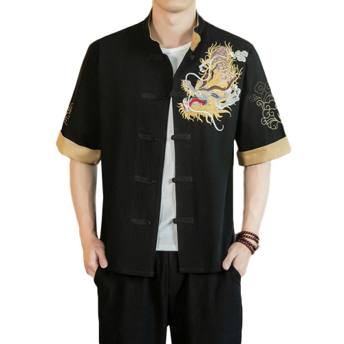 Chinese Hanfu Tang suit  kung fu  shirt for men hanfu restoring ancient ways is the new Chinese style embroidery code flax button men short sleeve shirt