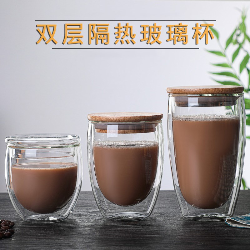 Taza de vidrio de borosilicato doble capa con tapa de bambú diseño en forma de huevo para café leche y jugos