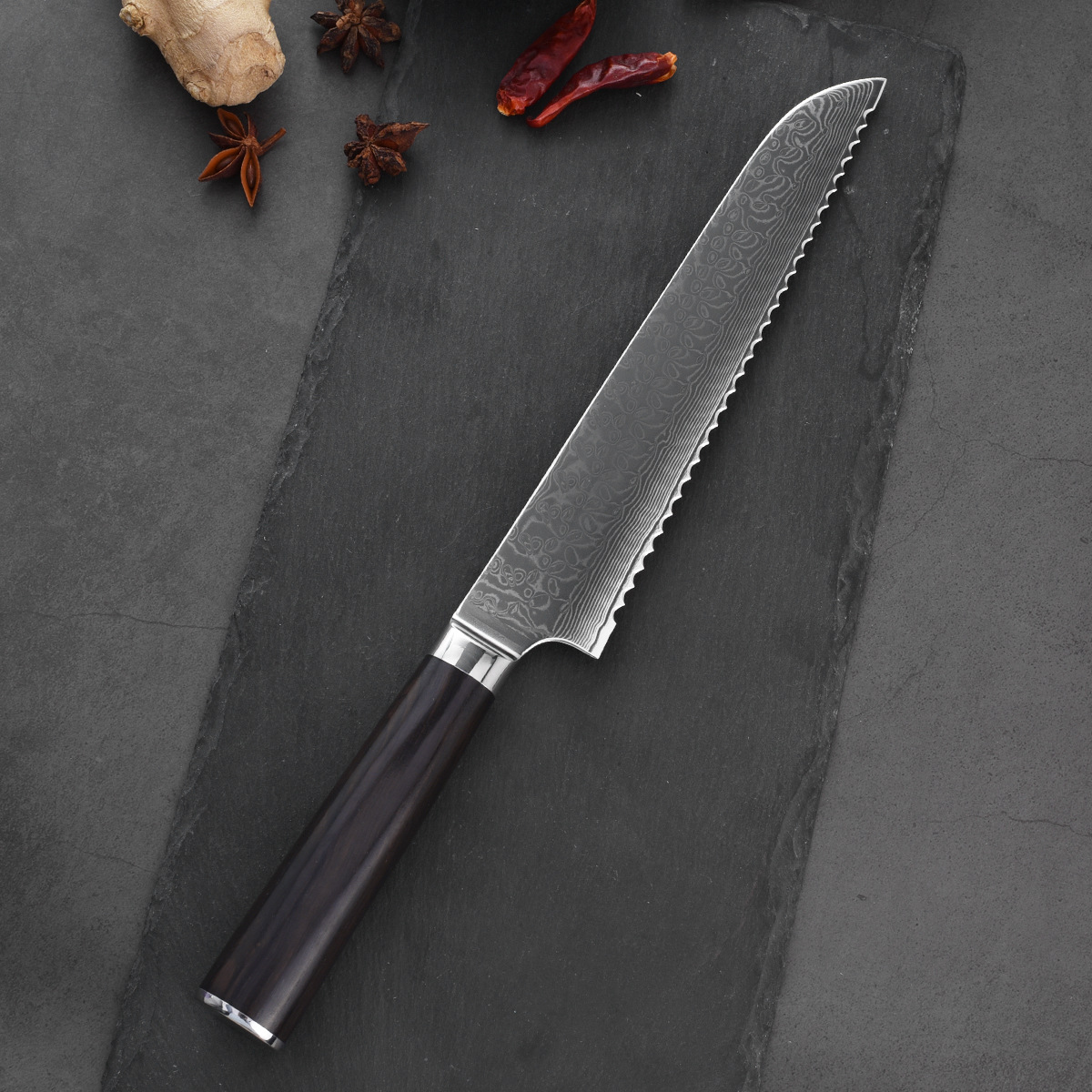 大馬士革剛帶牙形刀具黑檀手柄切面包鋸齒吐司切片廚房刀工具定制