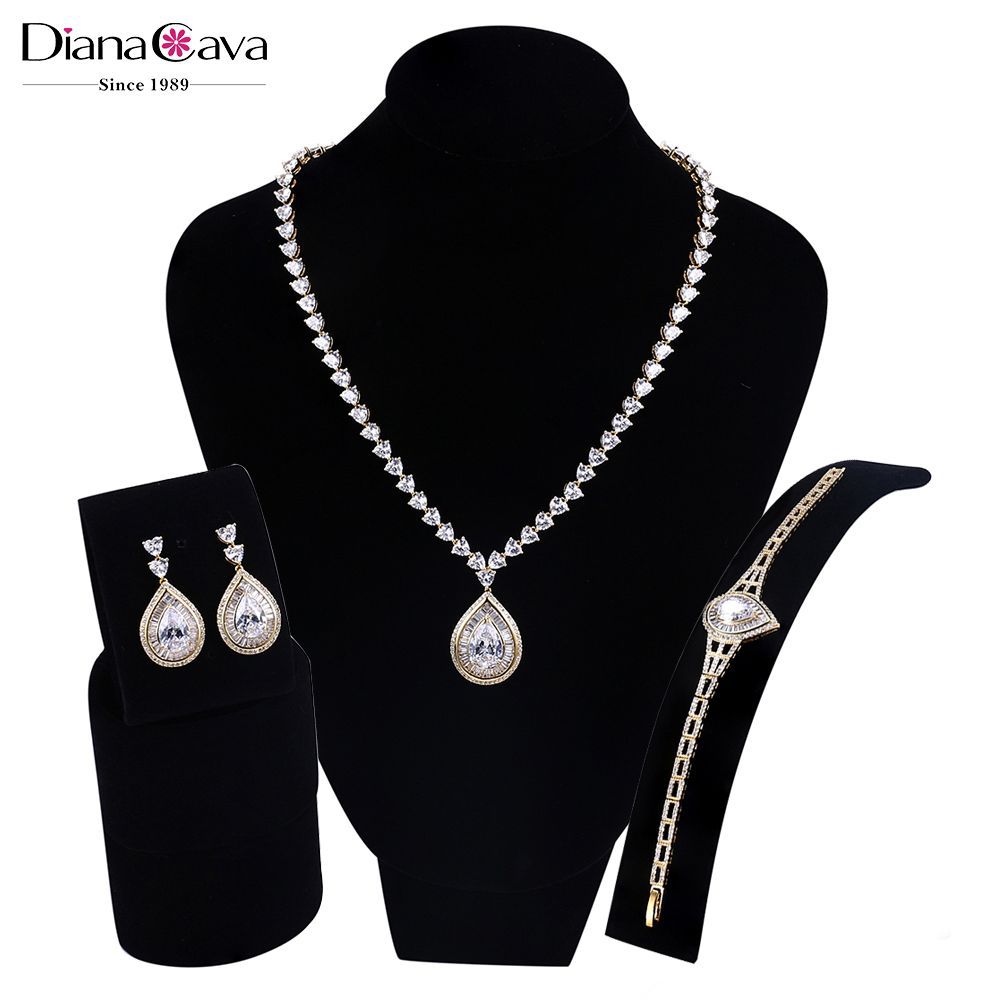 Diana Jewelry bride Light extravagance jewelry suit Drop zircon Earrings Platinum Necklace Jewelry Three
