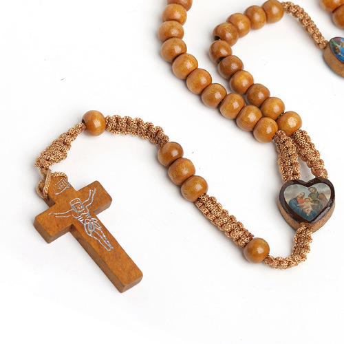 Natural wood hand-knitted wood beads cross necklace for women and men Jerusalem Catholic religious ornament cross jesus rosary praying necklace