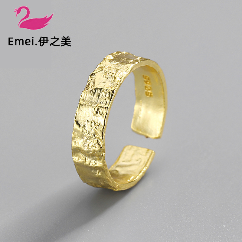 韩版S925镀银不规则凹凸面金银锡箔纸纹开口戒指指环女银饰批发