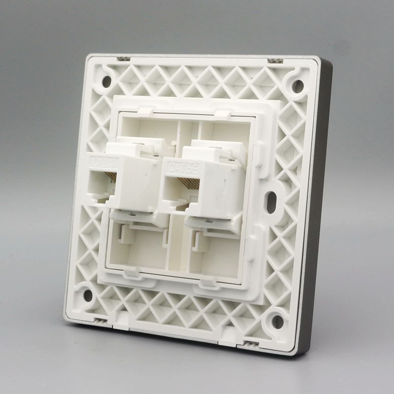 深灰色86型双口网络电话直通面板直插超五类网线带语音电话线插座