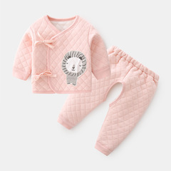 Newborn baby warm two-piece set of baby autumn clothes and pants, pure cotton children's innerwear set, baby fleece tie-on clothes