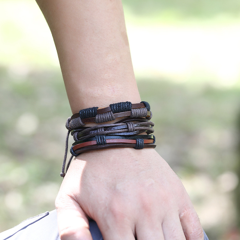 hot-selling fashion menu0027s cowhide retro multi-layer woven suit bracelet