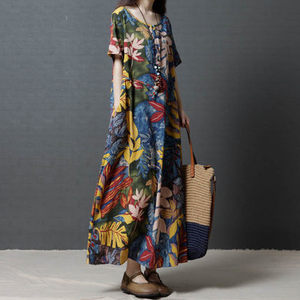 Women floral cotton and linen loose plus size dresses fashion comfortable cotton printed long skirt for woman