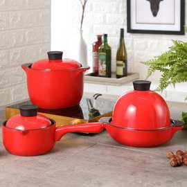 砂锅三件套锅具套装高汤锅塔吉锅奶锅红釉陶瓷煲大礼盒装礼品