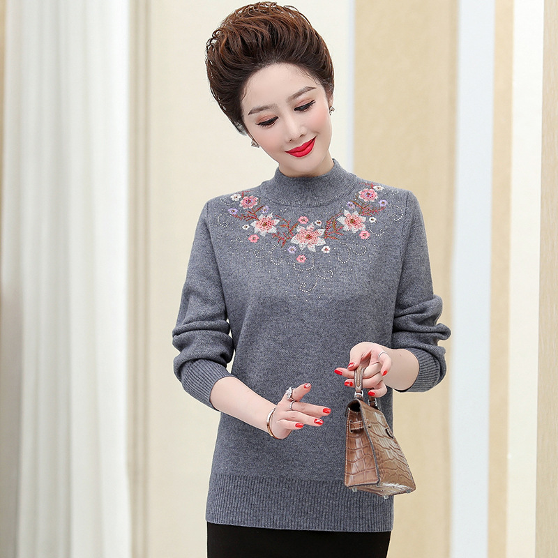 Large Size Casual Mother's Clothing Fashionable All-Match Half-High Collar Long-Sleeved Middle-Aged and Elderly Women's Autumn and Winter Large Size Thickened Base Shirt