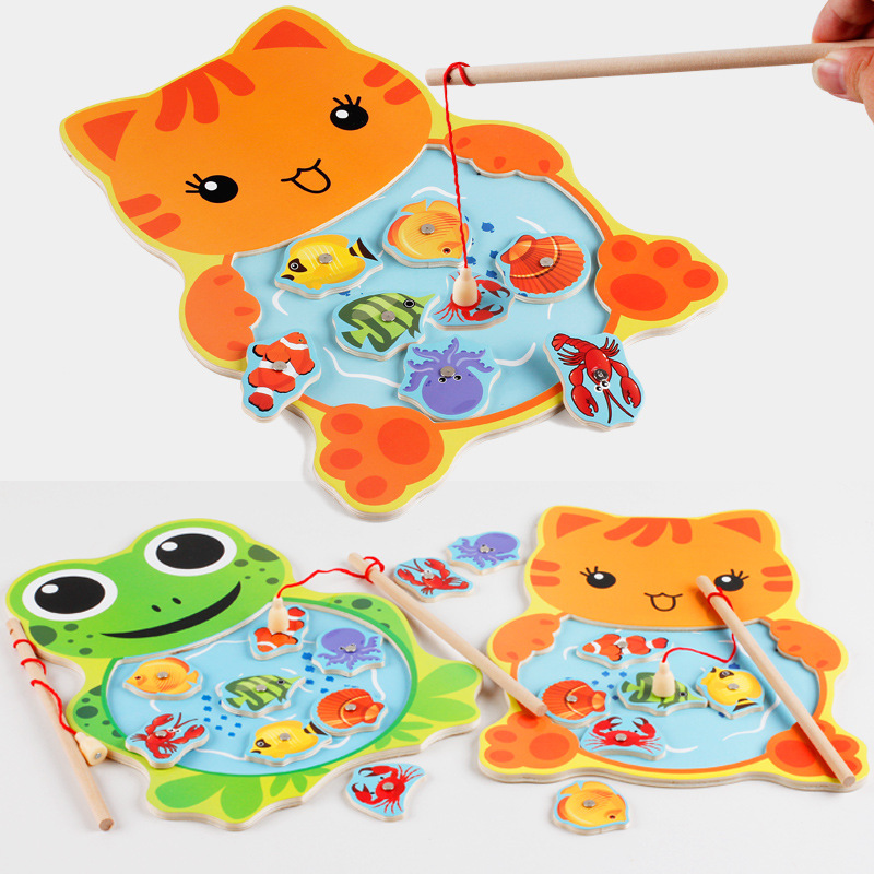 木质儿童磁性小猫钓鱼游戏套装儿童双杆青蛙钓鱼玩具小孩早教拼图