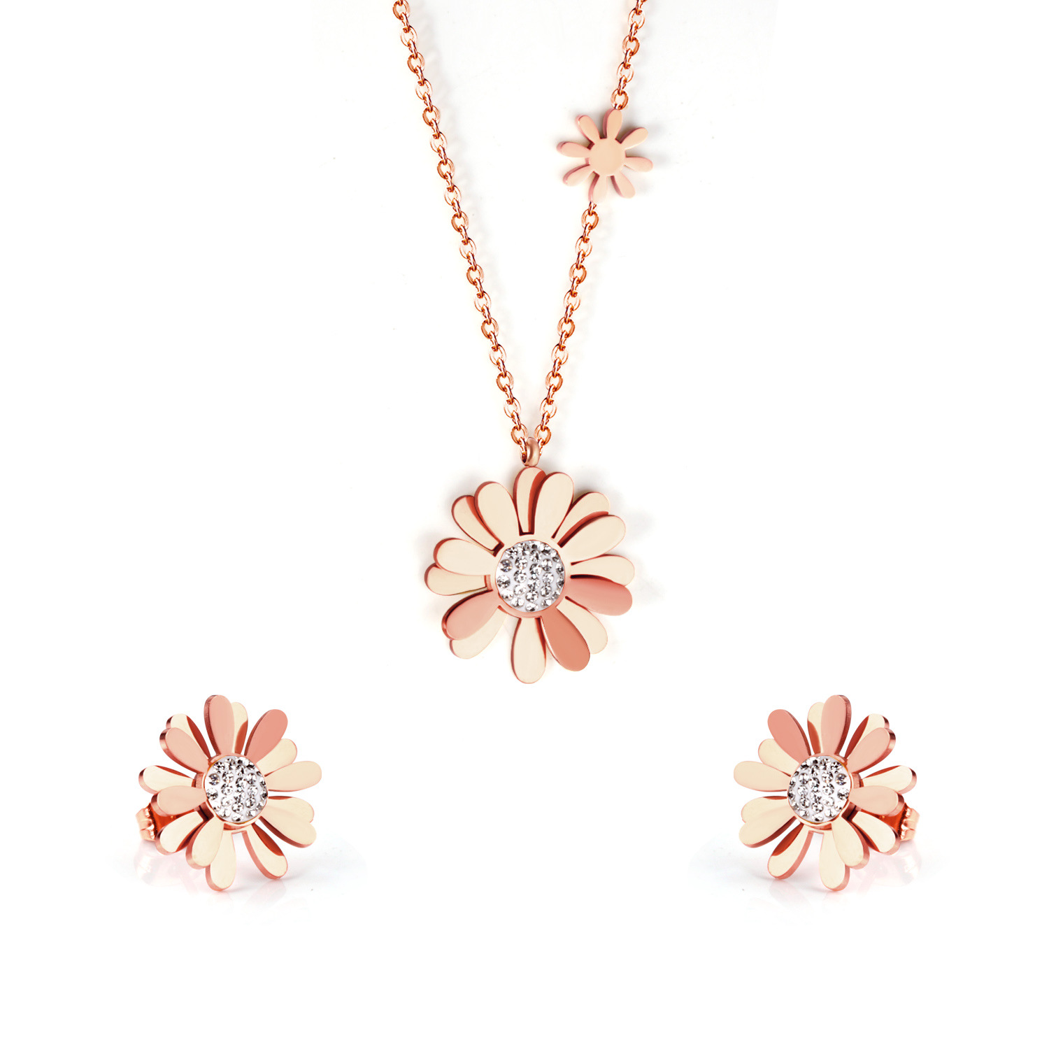 Simple Style Flower Stainless Steel Inlay Zircon Earrings Necklace 1 Set display picture 9