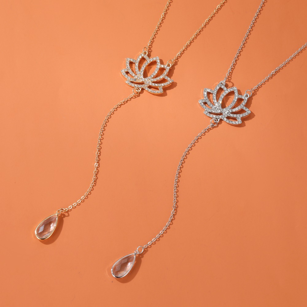 New Lotus Necklace Water Drop Tassel Flower Pendant Y-shaped Lotus Long Clavicle Chain Wholesale Nihaojewelry display picture 5