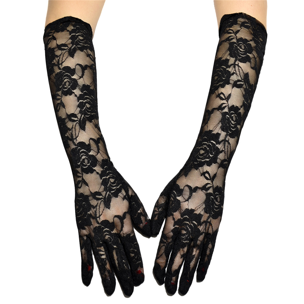 女士长款蕾丝手套 大花朵全指手袖套 暗黑系性感潮酷装扮搭配