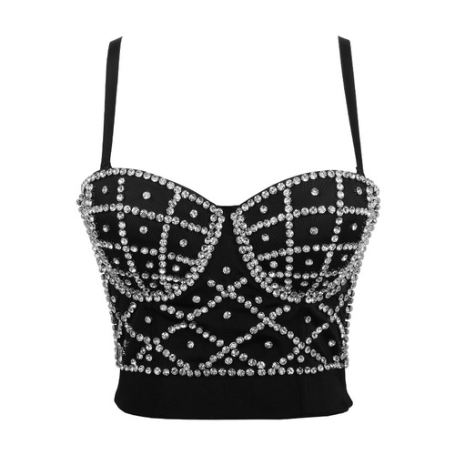 Women's Diamond bling jazz dance bra tops Trampoline women nail bead sling vest for women with plastic vest and bra with one bottom top