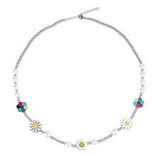 潮牌钛钢拼接反战和平雏菊笑脸珍珠男女不锈钢项链 EM/ODM代加工