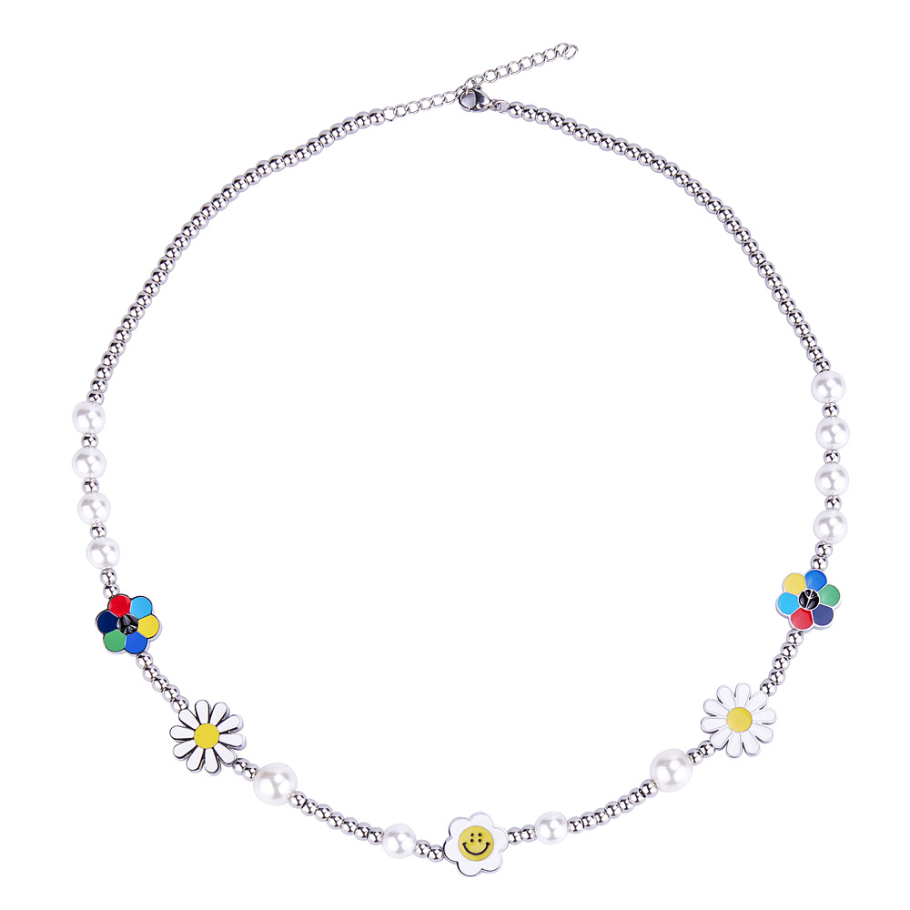 潮牌钛钢拼接反战和平雏菊笑脸珍珠男女不锈钢项链 EM/ODM代加工