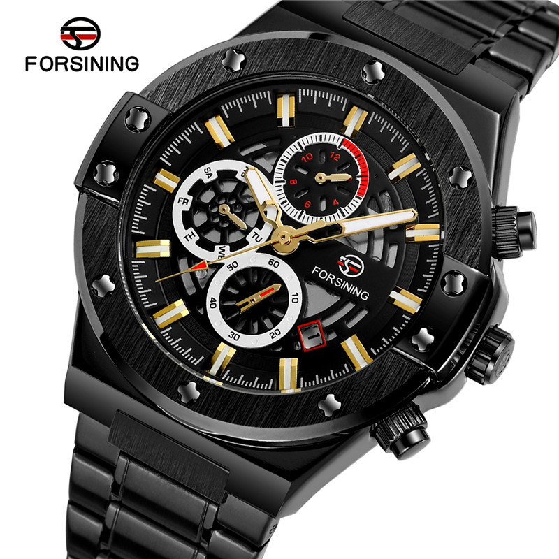 FORSINING Fusini 6914 correa de acero de moda para hombre reloj mecánico automático reloj impermeable luminoso de seis pines