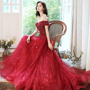 Evening dresses prom dress Vestiti da sera evening gowns one shoulder Wine Red Fairy high end heavy handmade wedding dress