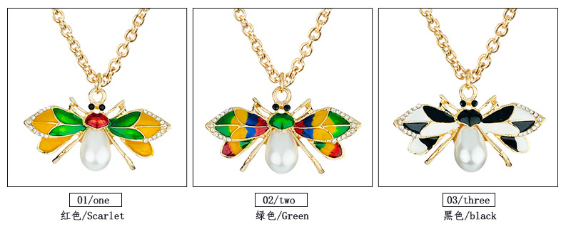 New Fashion Simple Alloy Painting Oil Bee Pearl Rhinestone Insect Shape Necklace Pendant display picture 3