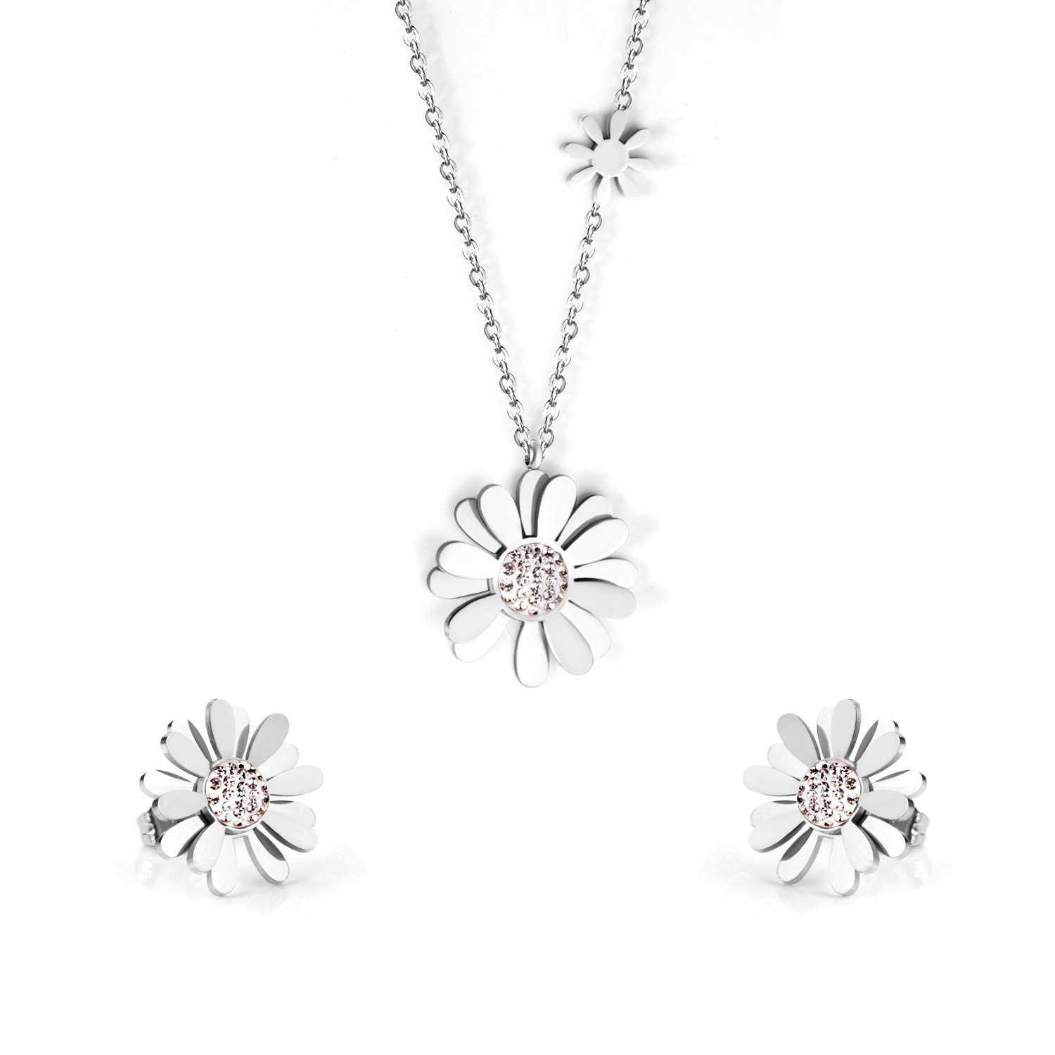 Simple Style Flower Stainless Steel Inlay Zircon Earrings Necklace 1 Set display picture 10