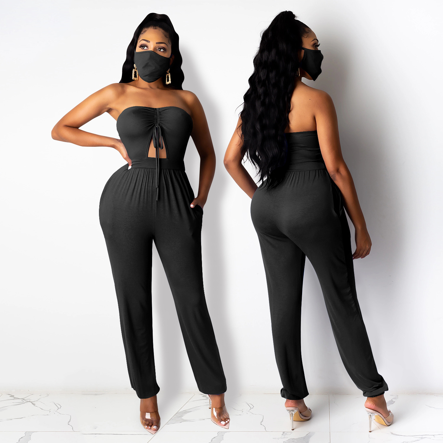 Sexy Sleeveless Tube Top Tight Drawstring Jumpsuit (Including Mask) NSXYZ100490