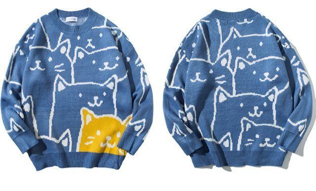 Herrenpullover mit Cartoon-Katzen-Print – Übergroßer Paarpullover im koreanischen Stil (Weiß/Schwarz/Blau/Orange, S-XXL)_voghion.com