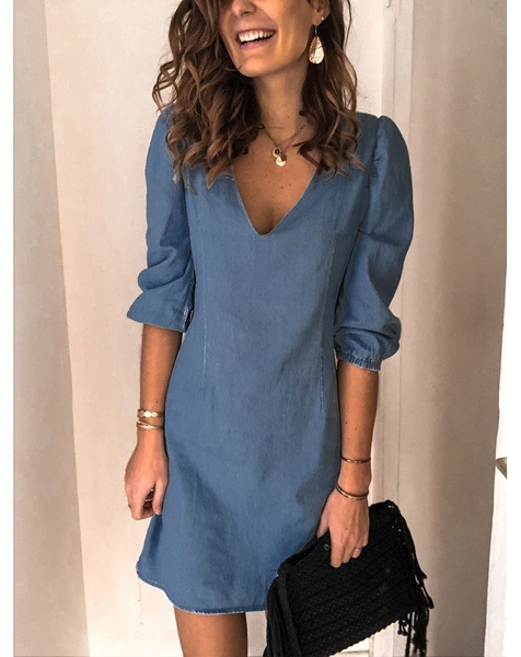 autumn new deep V neck sexy solid color all-match casual dress NSYF828