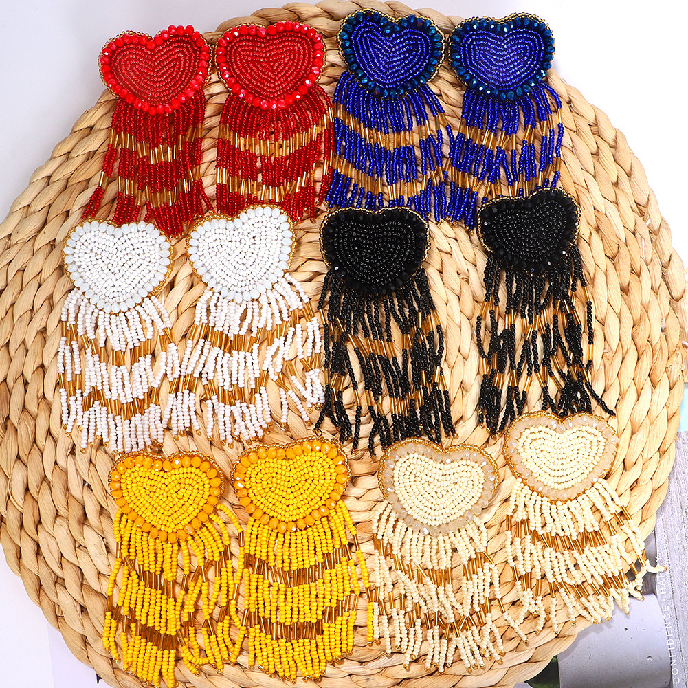 Fashion Retro Peach Heart Rice Beads Tassel Earrings display picture 3