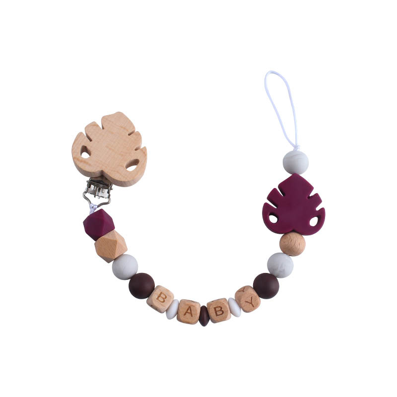 Nombre del bebé personalizable Cadena de chupete de hoja de silicona Bebé suministros de haya hoja chupete clip juguete mordedor