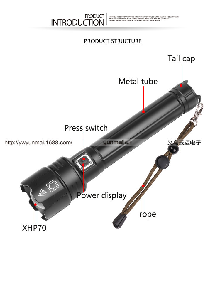 跨境P70变焦手电筒 升级TYPE-C USB充电带输出XHP70强光P90手电筒详情24