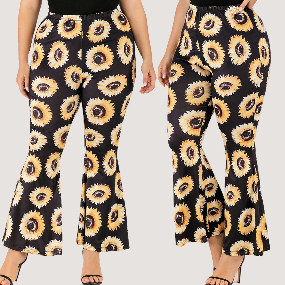 跨境专供2020春季新款加大码太阳花数码印花阔腿喇叭裤外贸女裤|ms