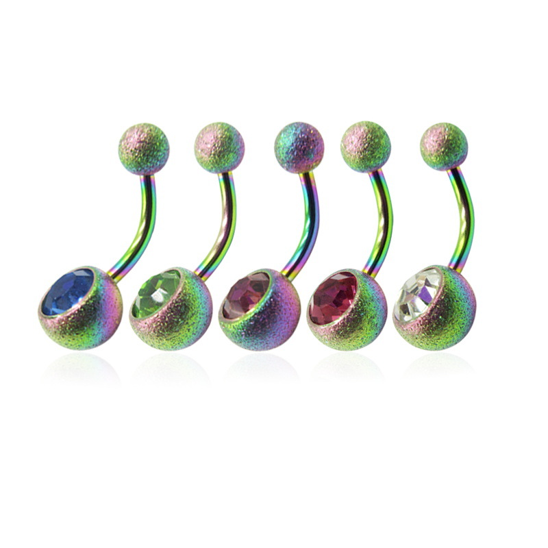 美饰尔不锈钢肚脐环磨砂球真空镀七彩包钻脐钉人体穿剌饰品批发