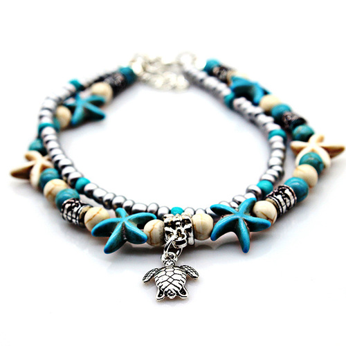 Cross-border double layer anklet European and American retro starfish rice beads beach turtle pendant anklet jewelry manufacturer wholesale