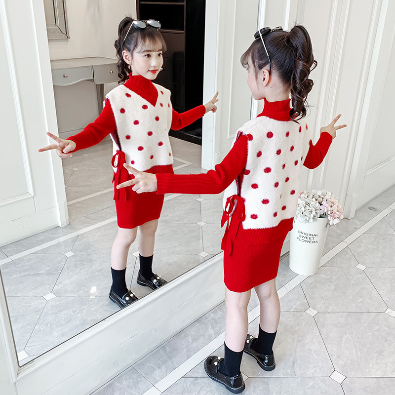 儿童毛衣套装2020女童韩版圆点水貂绒女孩洋气马甲连衣裙俩件套