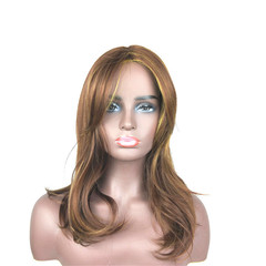 Eurasian and American ladies' wigs, blonde with gold highlights, gradient color, long curly hair with a sophisticated and voluminous pear-shaped wave, medium to long straight hair.