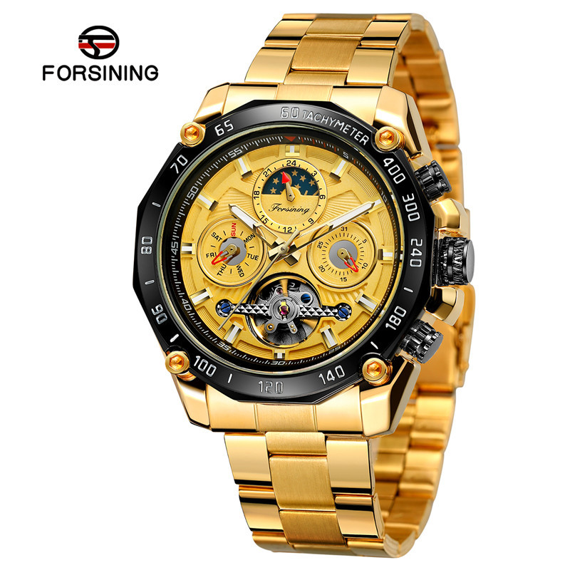 FORSINING hombres de negocios correa de acero reloj mecánico automático multifunción reloj de seis pines Placa de reloj mecánico 6913