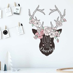 新款噴繪牆貼 水彩藝術鹿頭PVC可移除兒童房牆壁布置貼畫 FX64184
