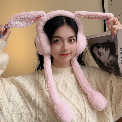 网红兔耳朵会动耳包学生耳捂可爱耳套女耳暖儿童毛绒保暖耳罩批发|ms