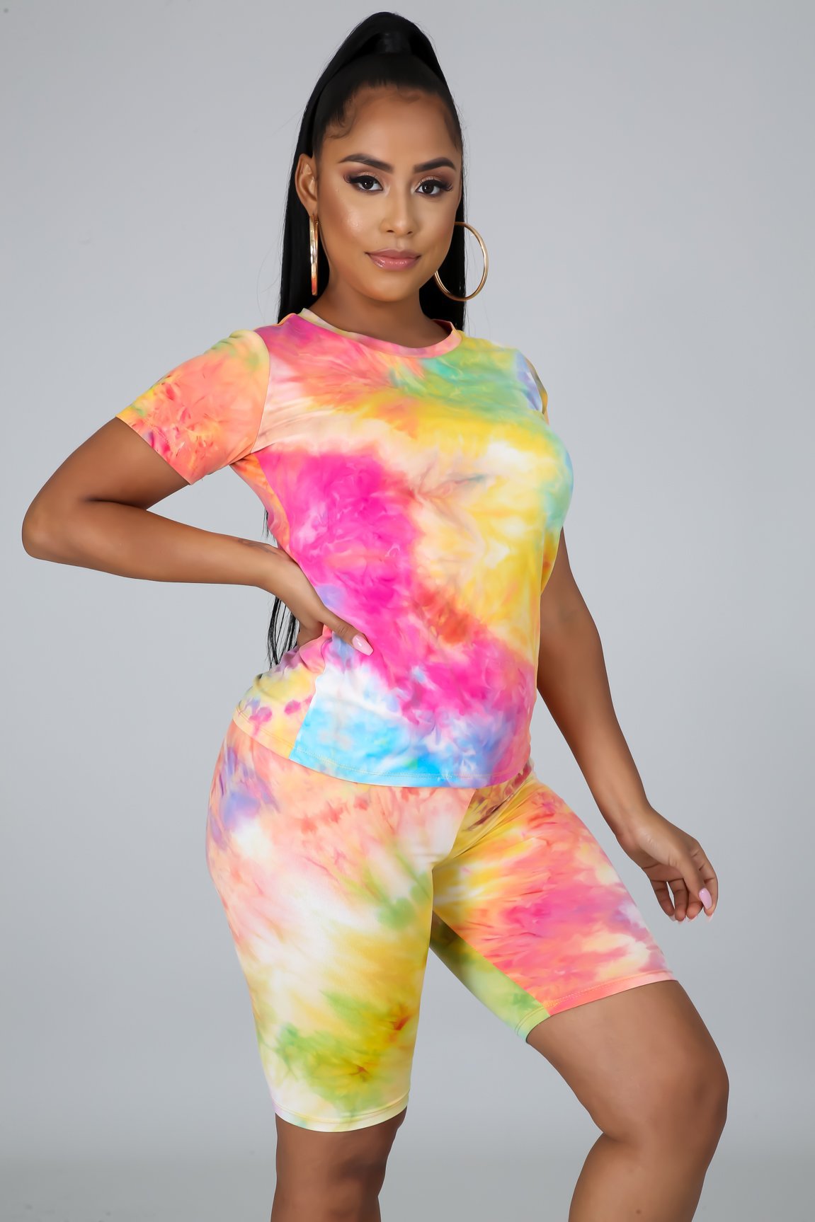 tie-dye round neck short sleeve top & shorts 2-piece sports set NSCYF73126