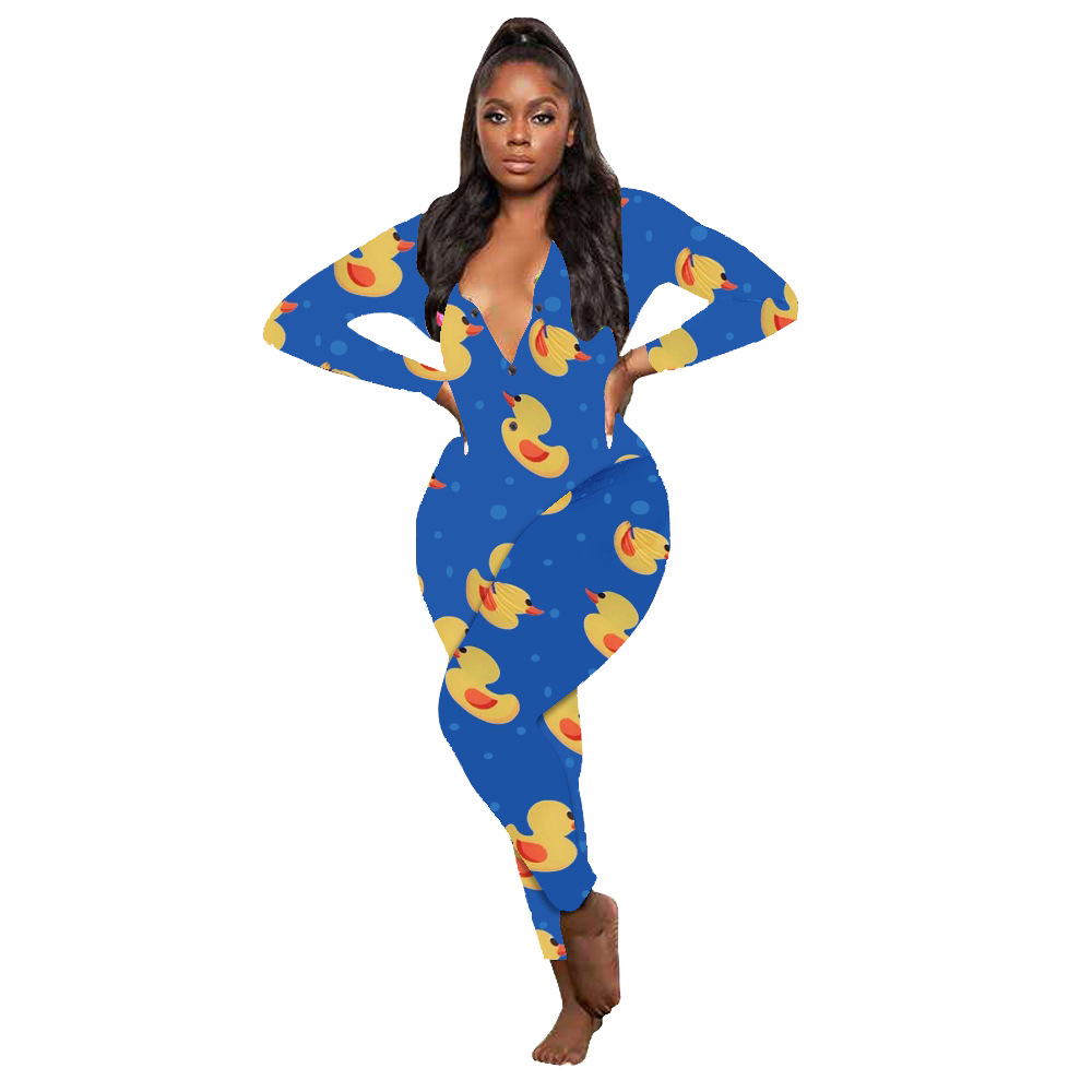 Women'S Casual Pattern Printed Long Sleeve Pants Home Jumpsuit