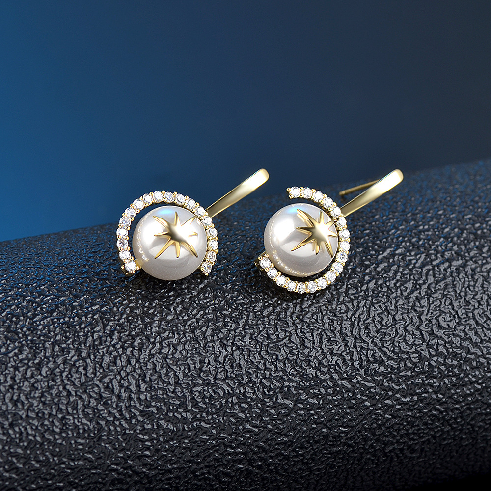Pearl Stud Earrings With Creative Star Zircon For Women_voghion.com