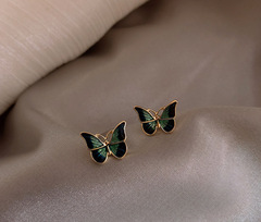 S925 Silver Needle Green Butterfly Earrings Women's Personalized Trendy Korean Earrings Retro Niche Simple Cold Style Earrings
